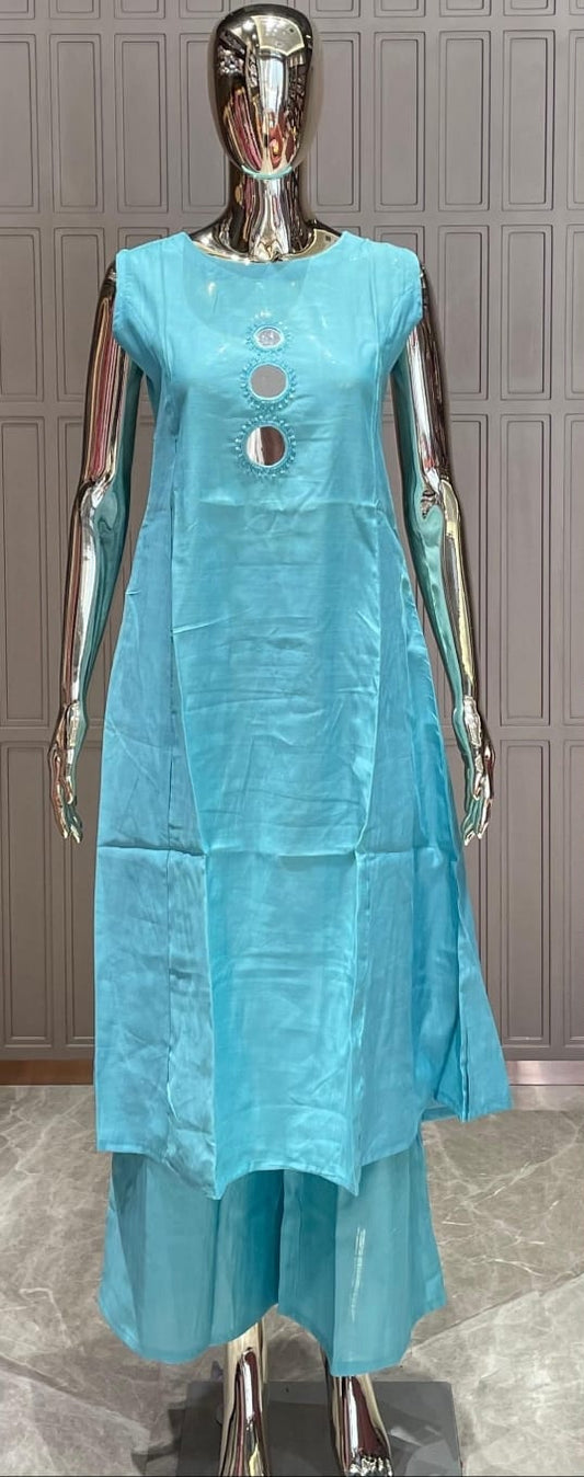 Aqua Blue Mirror Work Silk Cotton Kurti Set