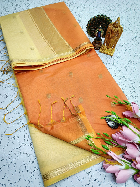 Exquisite Maheshwari Silk Saree - Orange & Cream - View 1