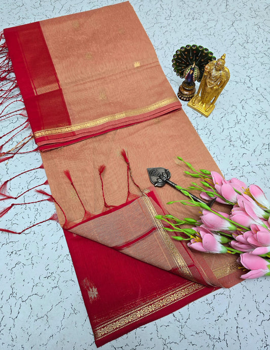 Exquisite Maheshwari Silk Saree - Sand Beige & Red - View 1
