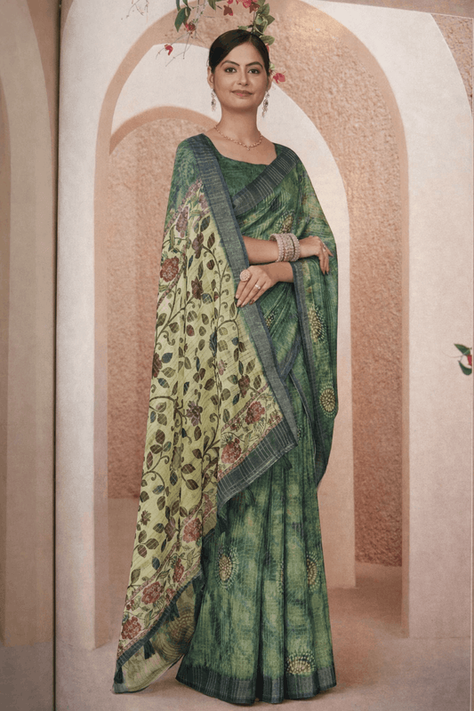 Milky Cotton Saree in Leaf Green with Olive Floral Pallu