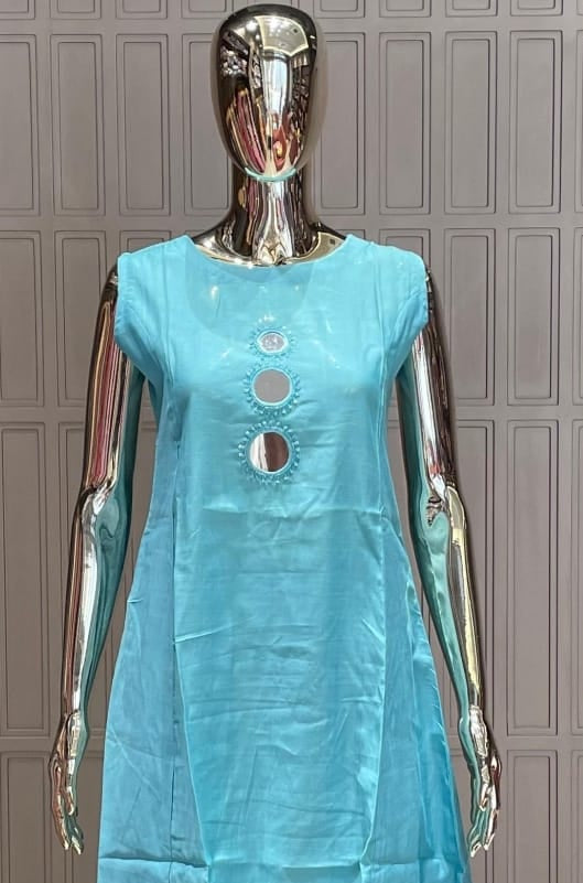 Aqua Blue Mirror Work Silk Cotton Kurti Set