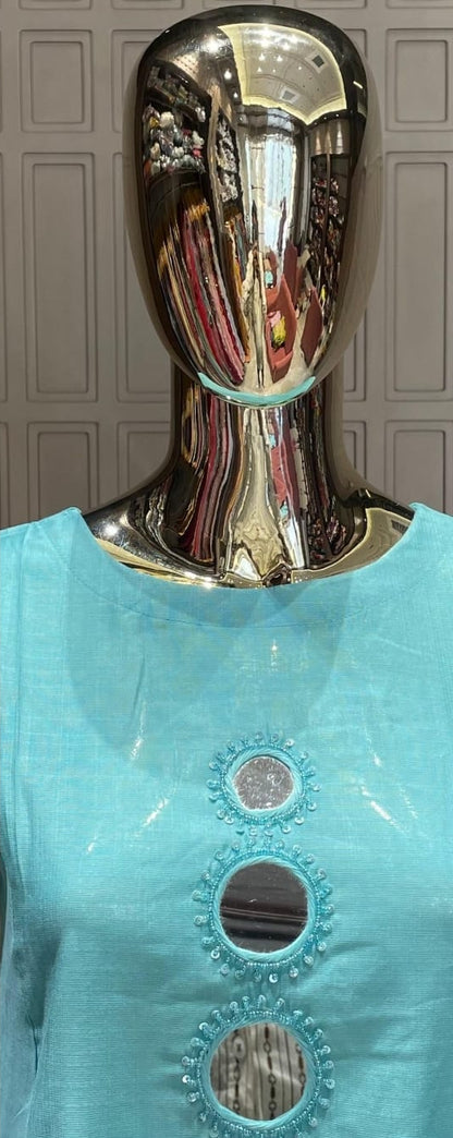 Aqua Blue Mirror Work Silk Cotton Kurti Set