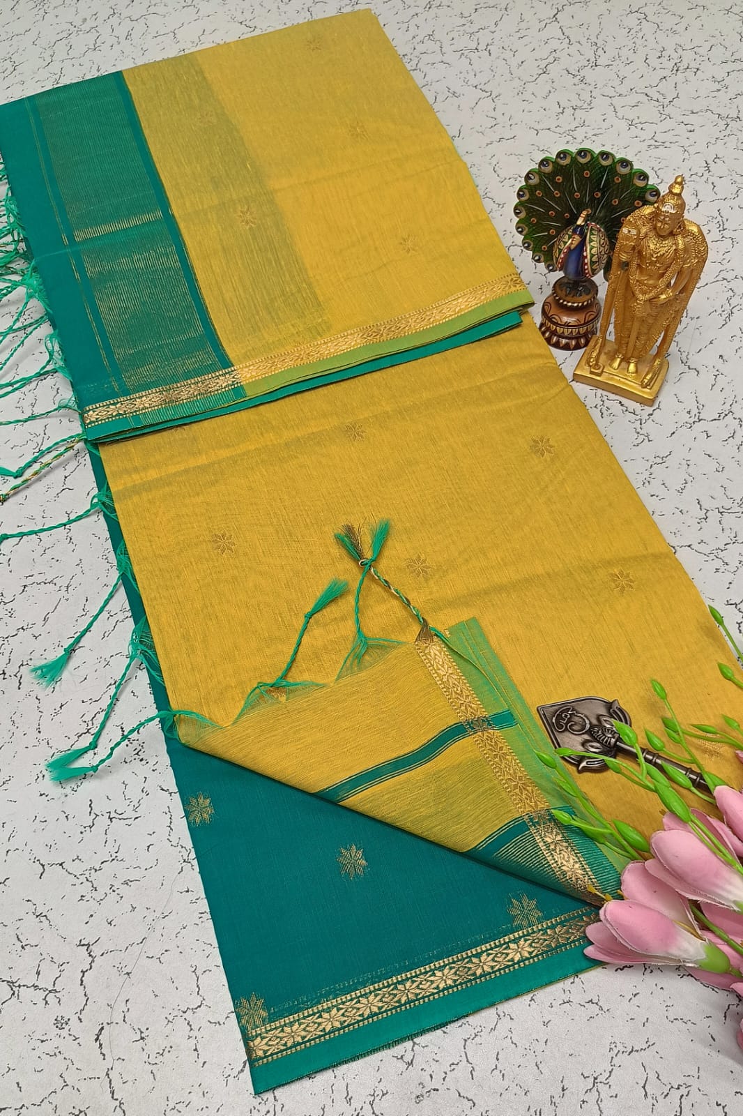 Exquisite Maheshwari Silk Saree - Yellow & Teal Green - View 1