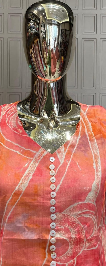 Coral Peach Printed Silk Cotton Kurti Set