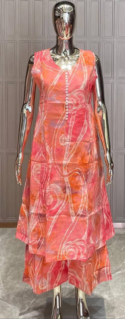 Coral Peach Printed Silk Cotton Kurti Set