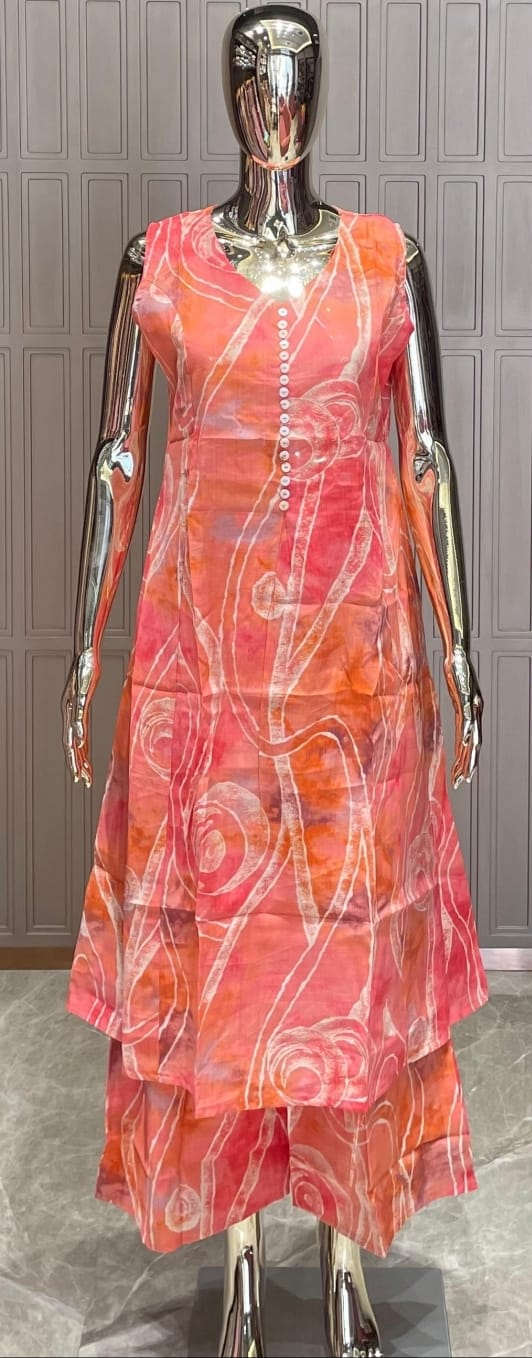 Coral Peach Printed Silk Cotton Kurti Set