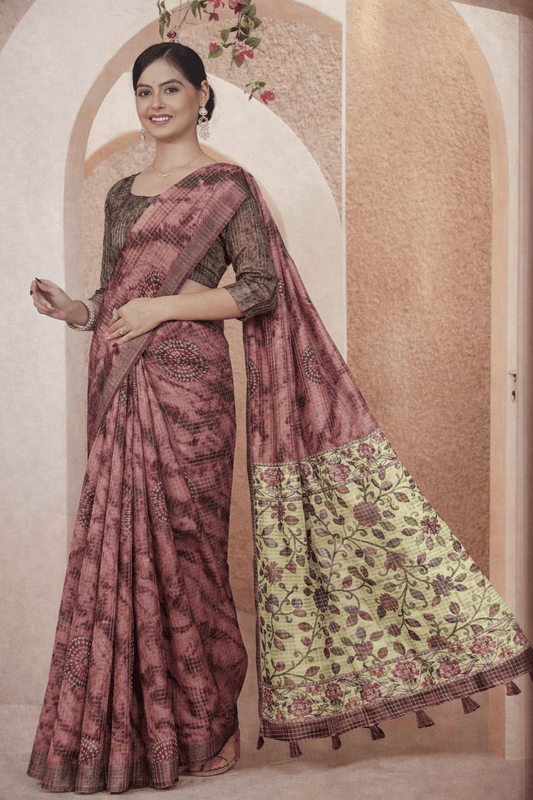 Milky Cotton Saree in Rose Brown with Cream Floral Pallu