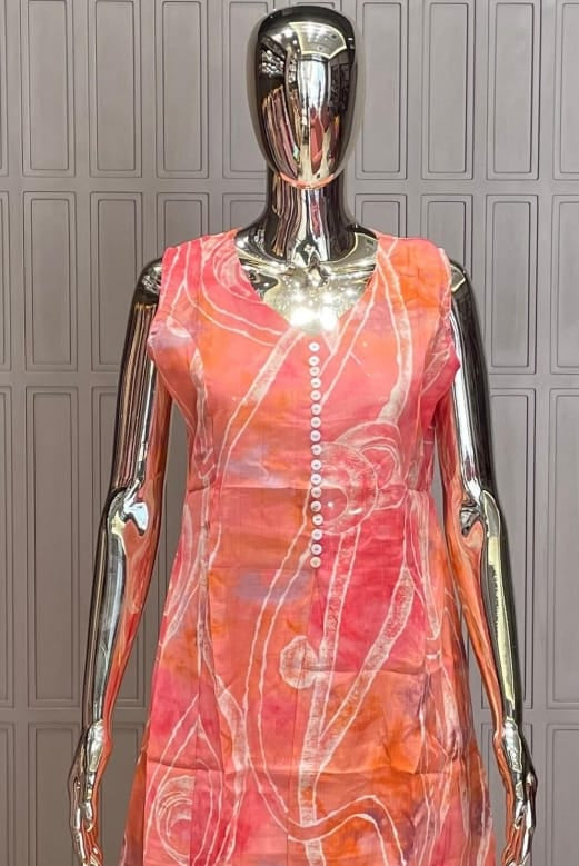 Coral Peach Printed Silk Cotton Kurti Set