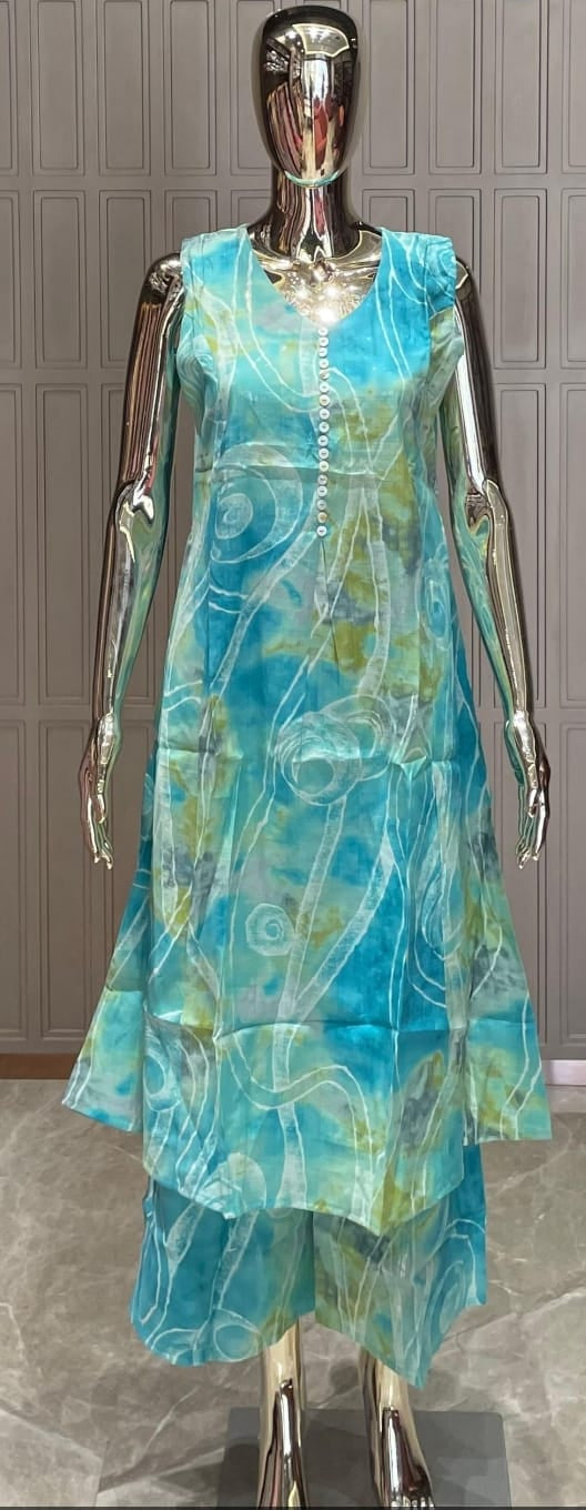 Aqua Green Printed Silk Cotton Kurti Set