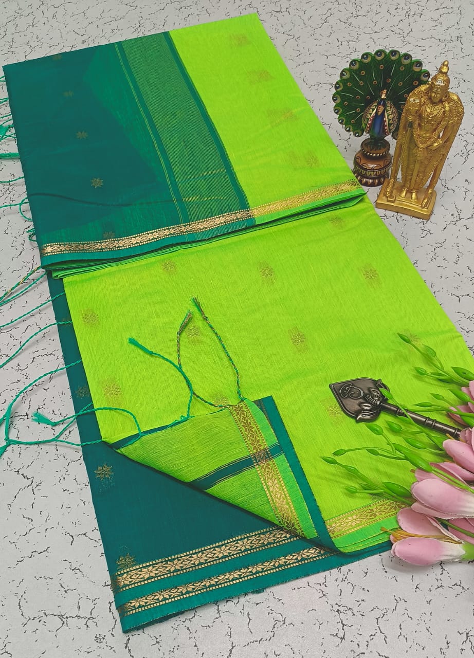 Exquisite Maheshwari Silk Saree - Lime Green & Teal - View 1