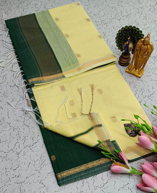 Exquisite Maheshwari Silk Saree - Creamy Yellow & Dark Green - View 1