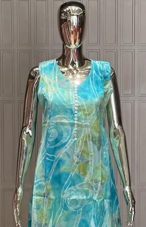 Aqua Green Printed Silk Cotton Kurti Set
