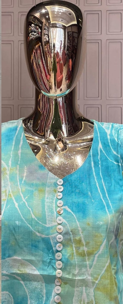 Aqua Green Printed Silk Cotton Kurti Set