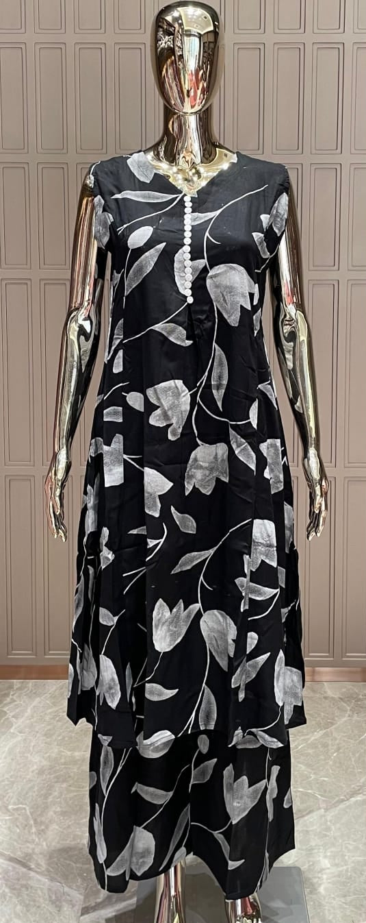 Black & White Printed Silk Cotton Kurti Set
