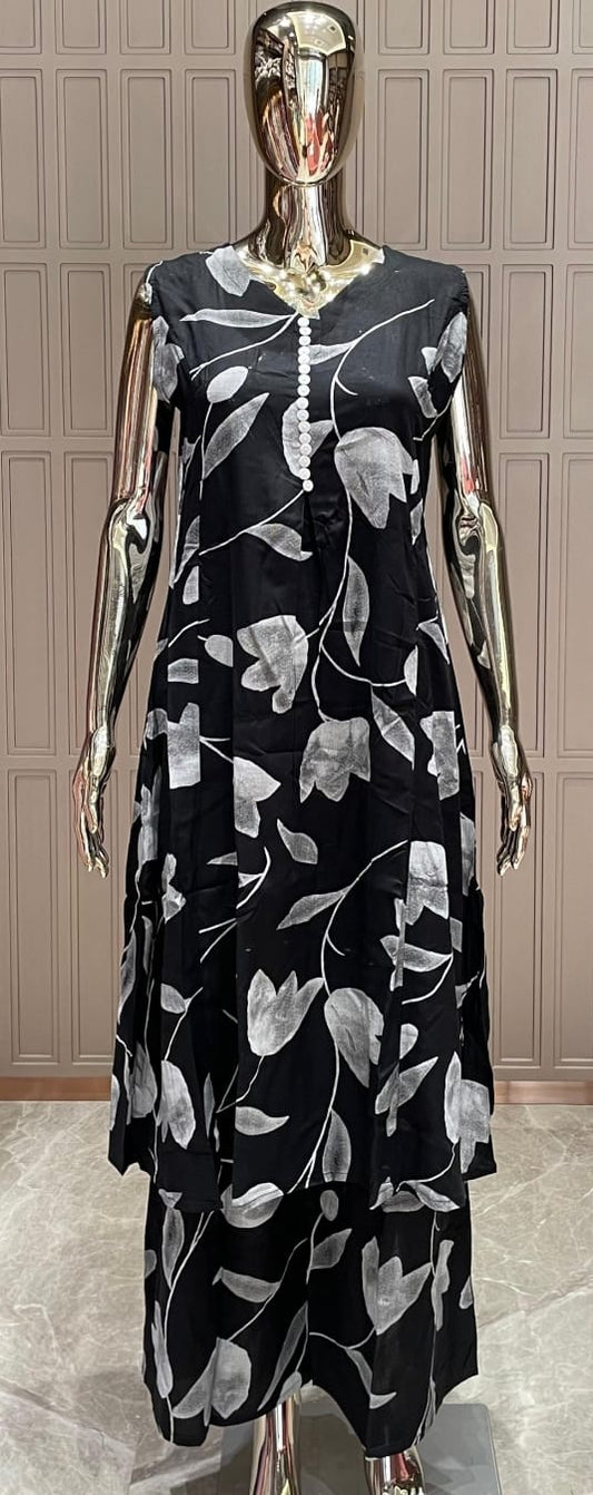 Black & White Printed Silk Cotton Kurti Set