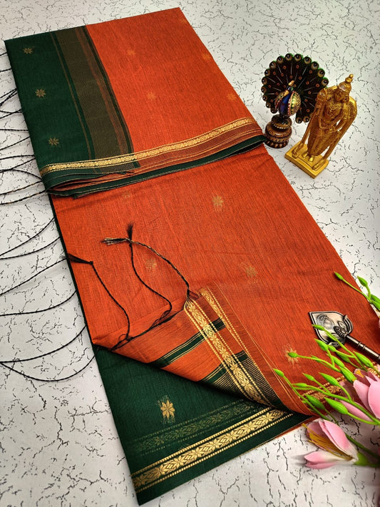 Exquisite Maheshwari Silk Saree - Rust Orange & Dark Green - View 1
