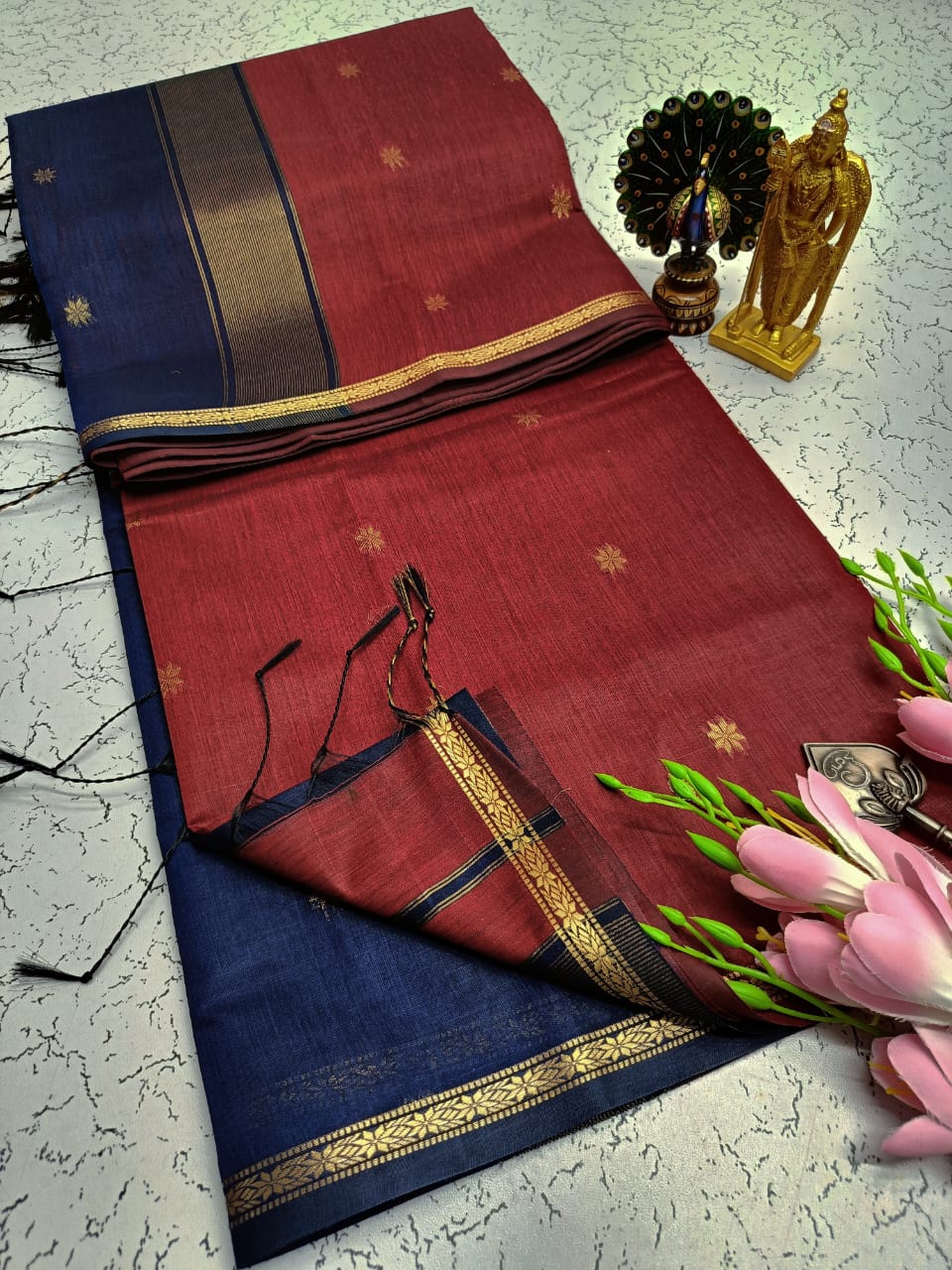 Exquisite Maheshwari Silk Saree - Maroon & Navy Blue - View 1