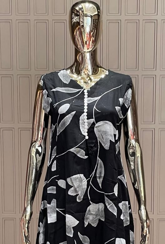 Black & White Printed Silk Cotton Kurti Set