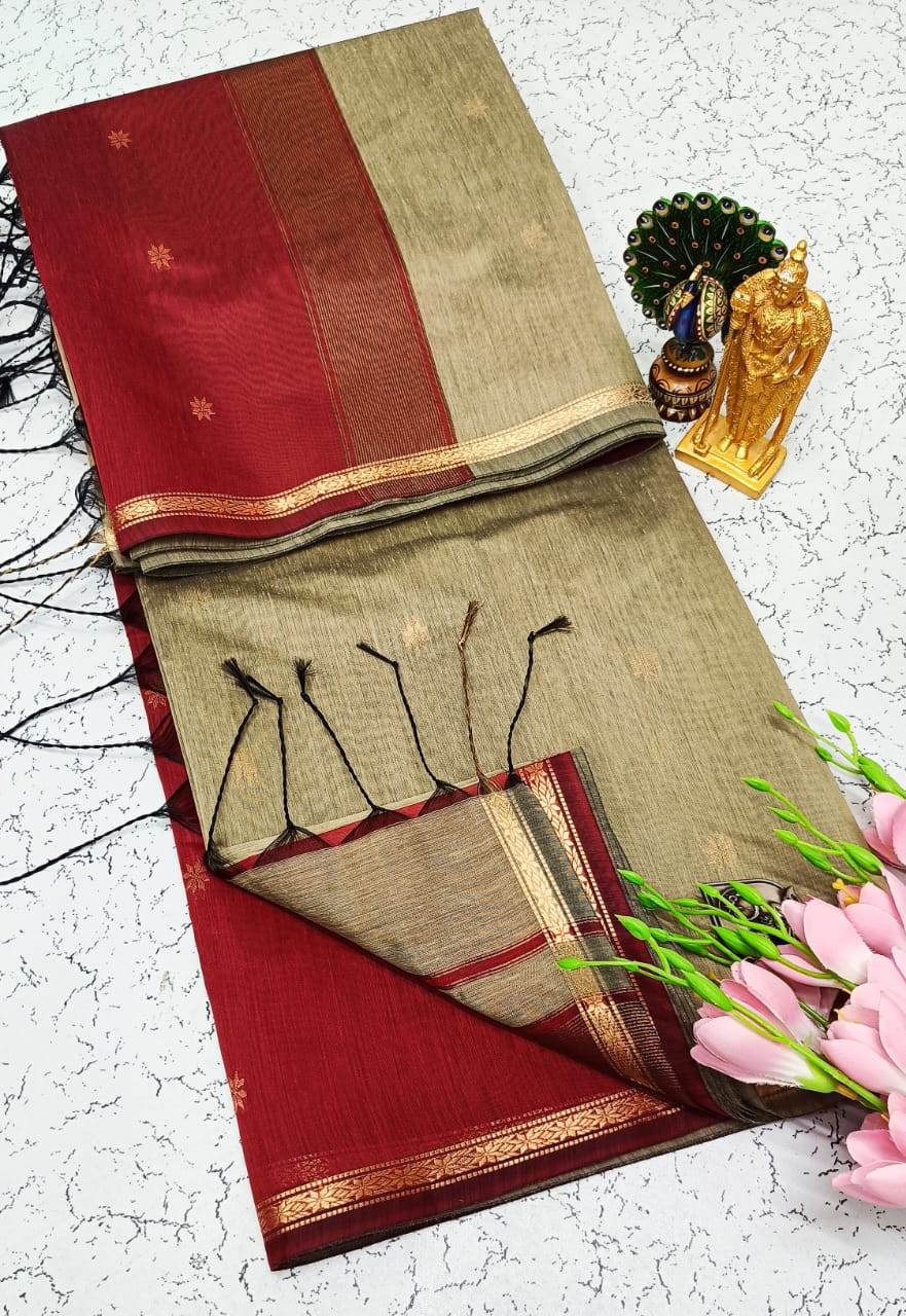 Exquisite Maheshwari Silk Saree - Grey & Maroon - View 1