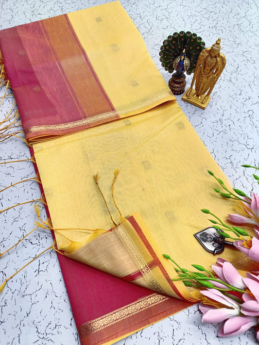 Exquisite Maheshwari Silk Saree - Lemon Yellow & Maroon Red - View 1