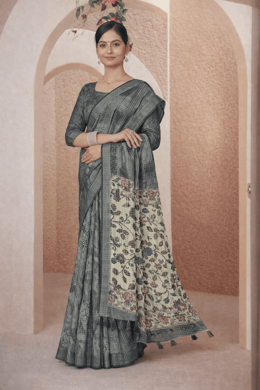 Milky Cotton Saree in Slate Grey with Ivory Floral Pallu