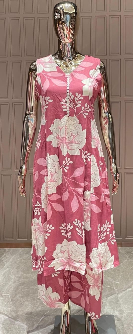 Rose Pink Floral Printed Silk Cotton Kurti Set