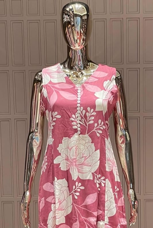 Rose Pink Floral Printed Silk Cotton Kurti Set