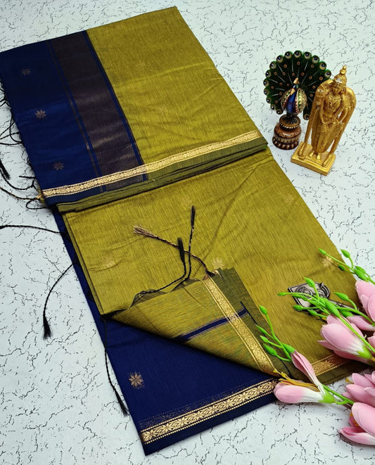 Exquisite Maheshwari Silk Saree - Olive Green & Navy Blue - View 1