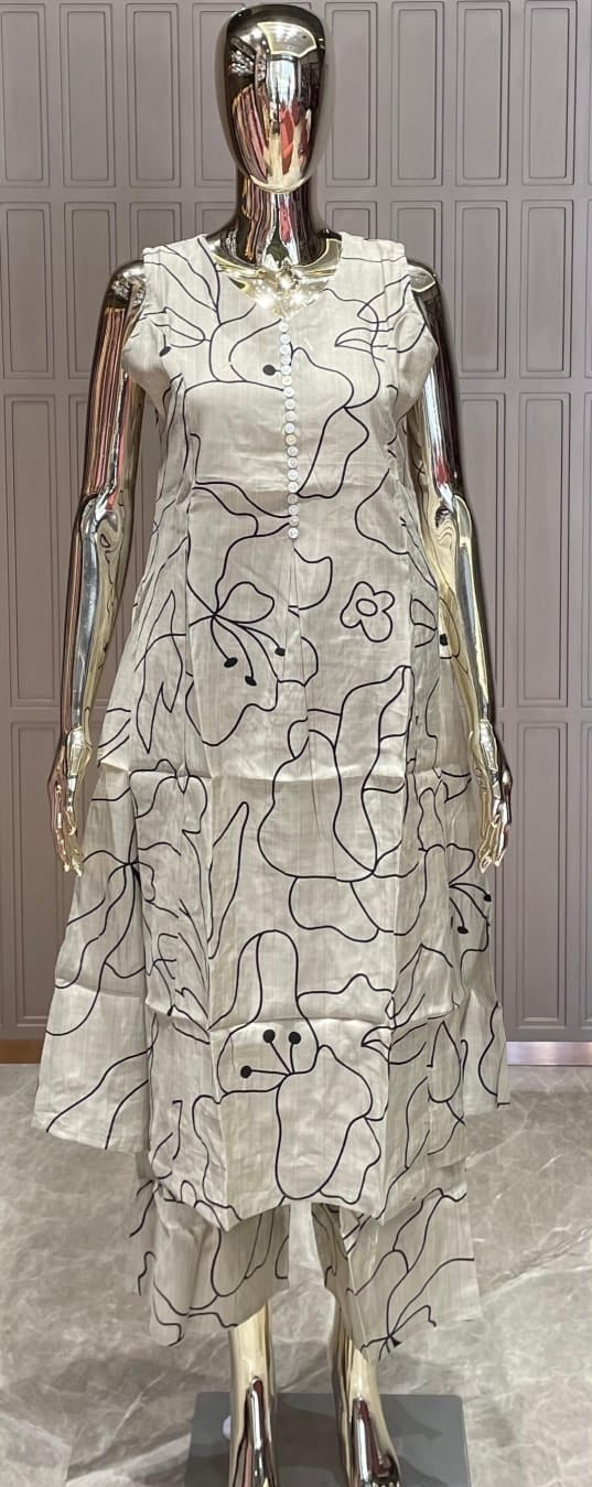 Ivory Black Abstract Printed Silk Cotton Kurti Set