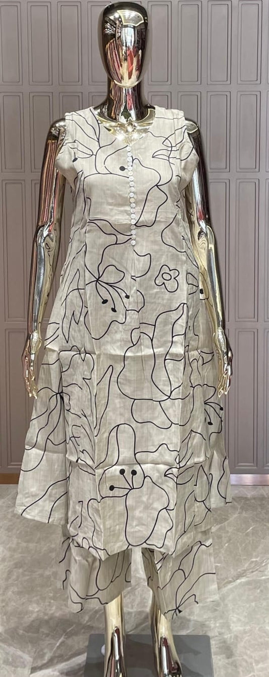 Ivory Black Abstract Printed Silk Cotton Kurti Set