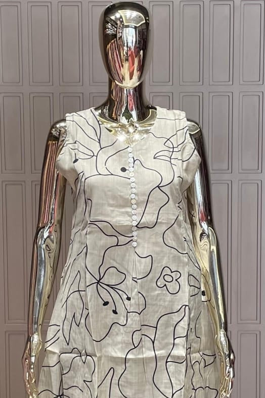 Ivory Black Abstract Printed Silk Cotton Kurti Set