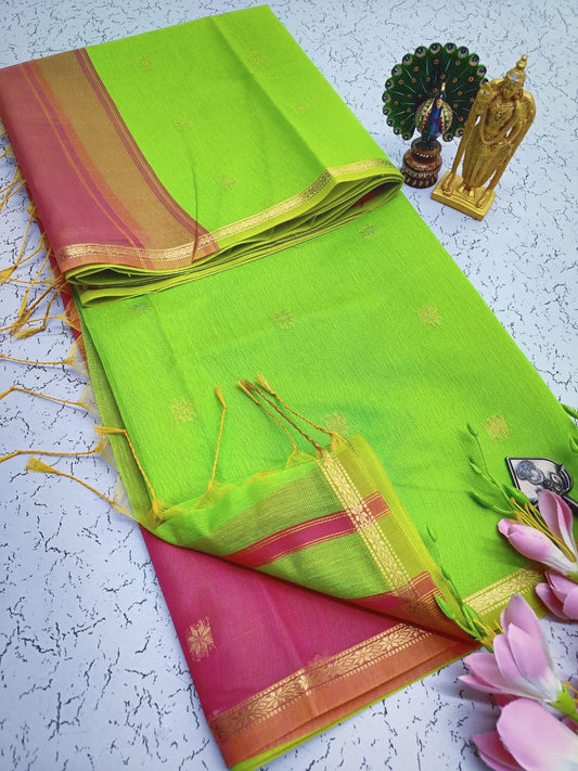 Exquisite Maheshwari Silk Saree - Lime Green & Magenta - View 1