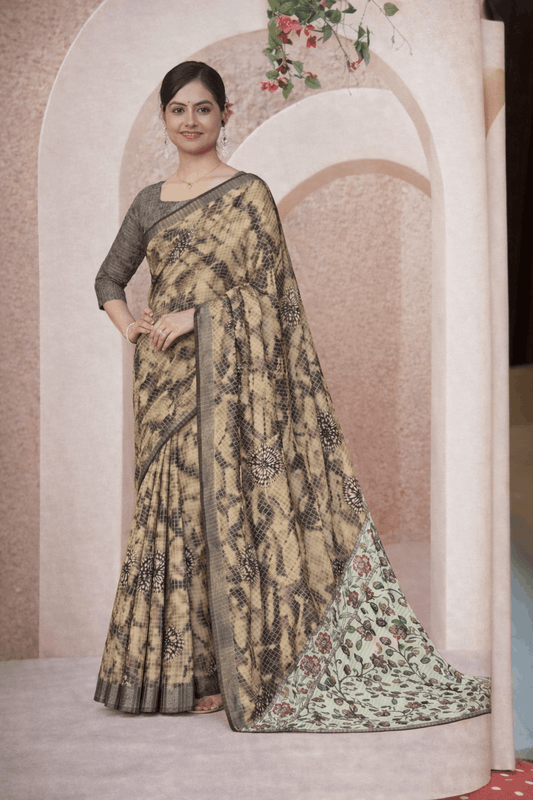 Milky Cotton Saree in Sand Beige with Charcoal Prints