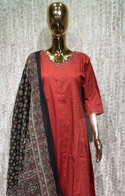 Rust Red Kurti Set with Ajrakh Print Dupatta