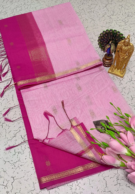 Exquisite Maheshwari Silk Saree - Baby Pink & Magenta - View 1