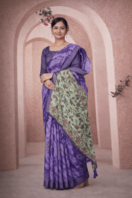 Milky Cotton Saree in Lavender Purple with Floral Mint Pallu