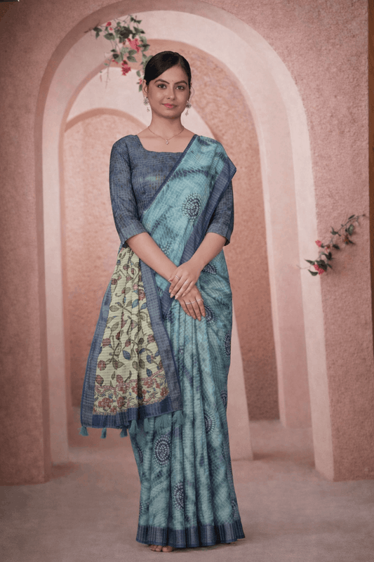 Milky Cotton Saree in Teal Blue with Olive Floral Pallu