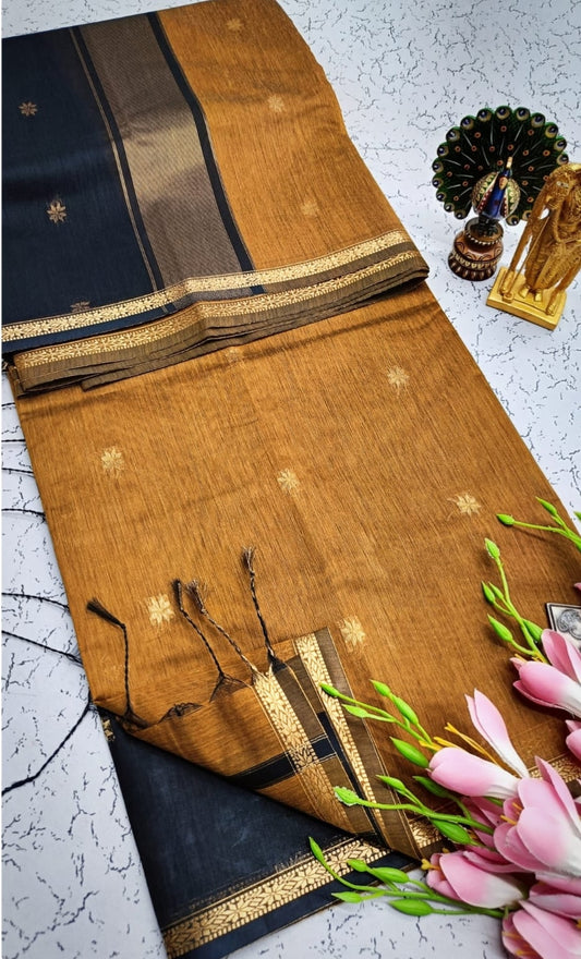 Exquisite Maheshwari Silk Cotton Saree- Mustard Brown & Navy Blue