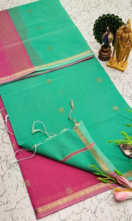 Exquisite Maheshwari Silk Cotton Saree- Sea Green & Magenta Pink