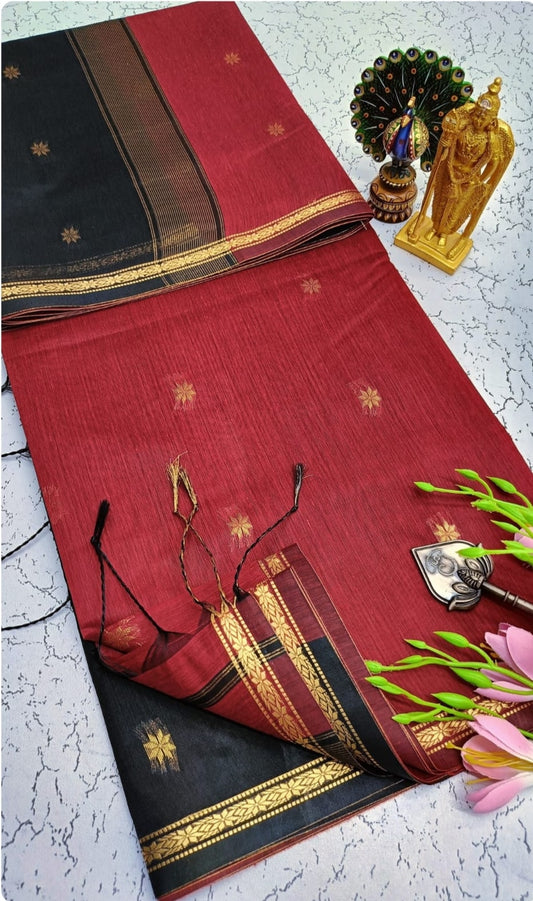 Exquisite Maheshwari Silk Cotton Saree- Brick Red & Black