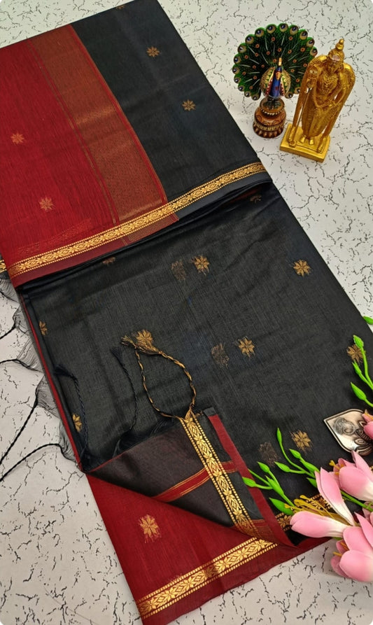 Exquisite Maheshwari Silk Cotton Saree- Black & Maroon