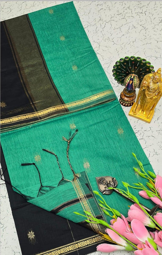 Exquisite Maheshwari Silk Cotton Saree - Teal Green & Black