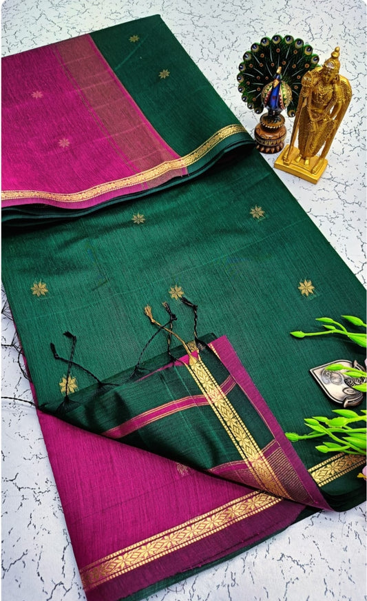 Exquisite Maheshwari Silk Cotton Saree - Bottle Green & Rani Pink