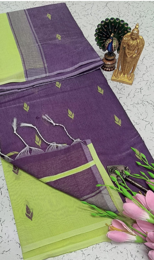 Exquisite Maheshwari Silk Cotton Saree- Grape Purple & Lime Green