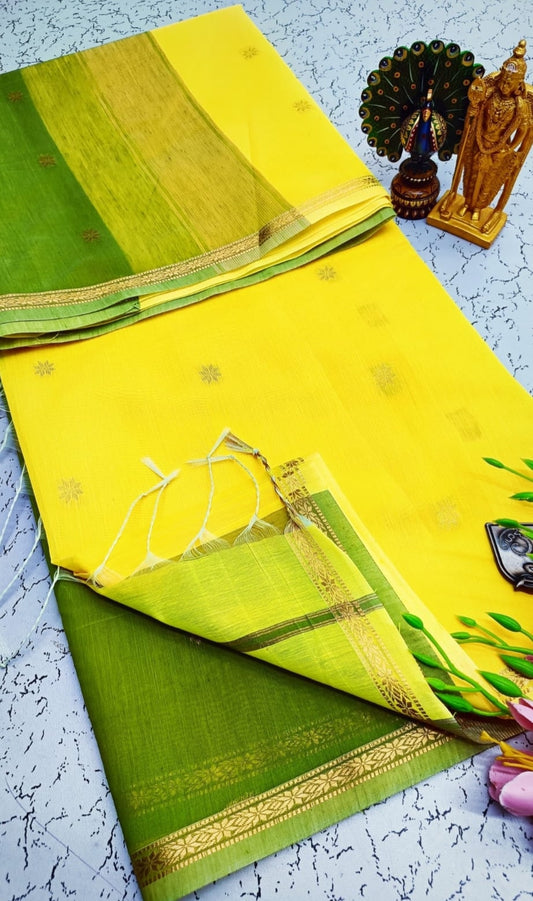Exquisite Maheshwari Silk Cotton Saree- Sunshine Yellow & Leaf Green