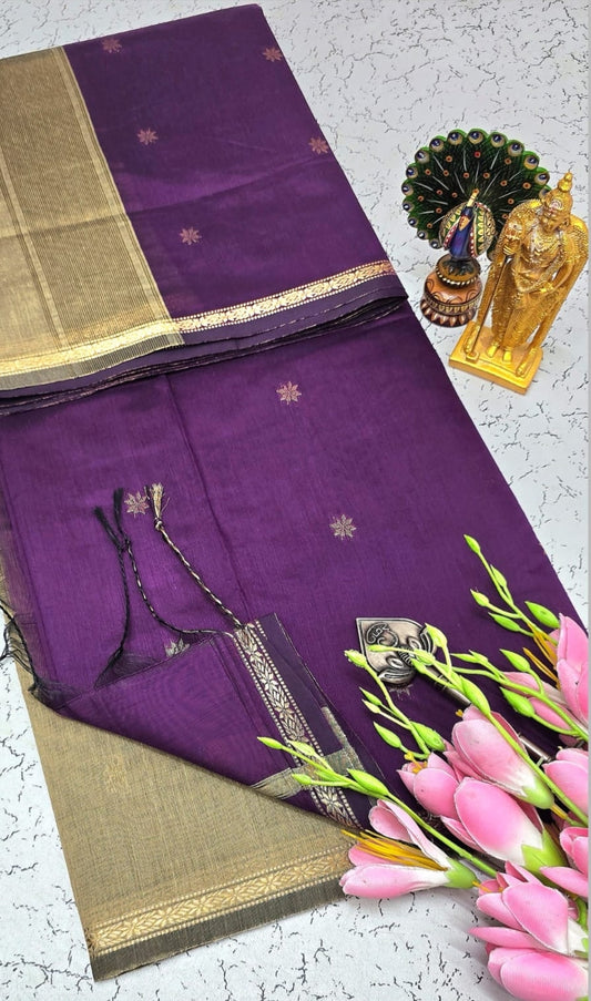 Exquisite Maheshwari Silk Cotton Saree- Deep Purple and Antique Gold