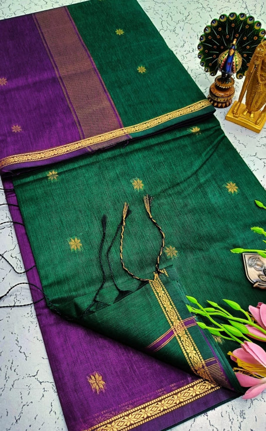 Exquisite Maheshwari Silk Cotton Saree- Emerald Green and Royal Purple