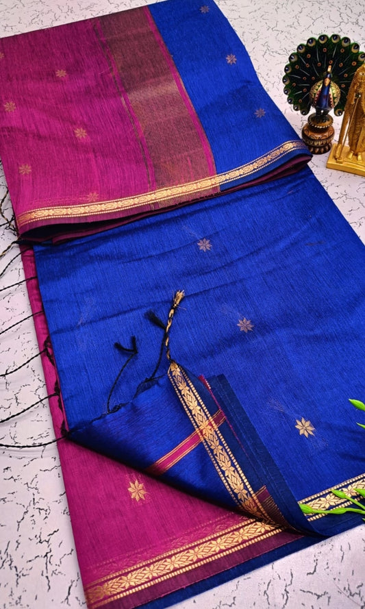 Exquisite Maheshwari Silk Cotton Saree- Magenta Pink and Royal Blue