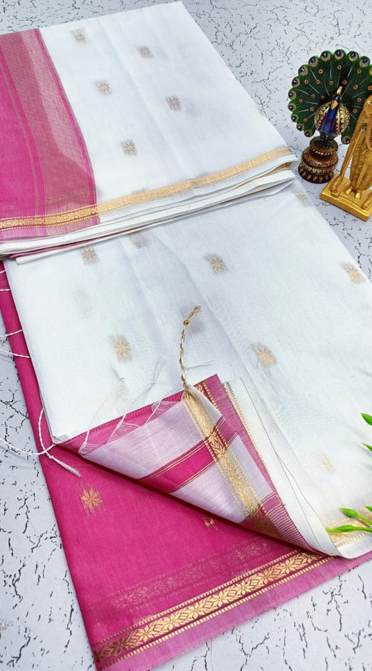 Exquisite Maheshwari Silk Cotton Saree- Ivory White and Rani Pink