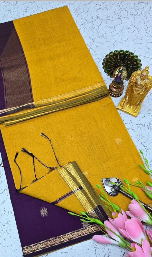 Exquisite Maheshwari Silk Cotton Saree- Mustard Yellow and Purple